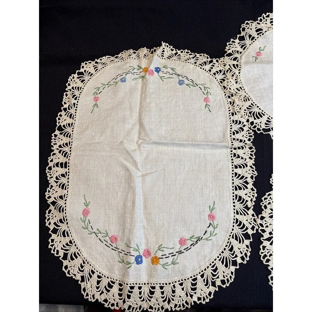 Vintage handmade Doilies  with embroidery and Crochet lace border lot of 3